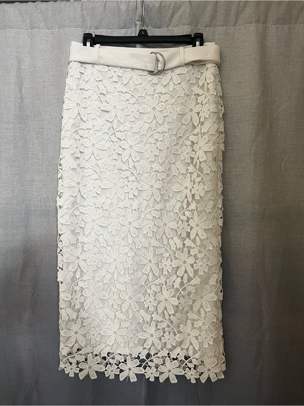 H&M White Floral Lace Midi Skirt with Belted Waist